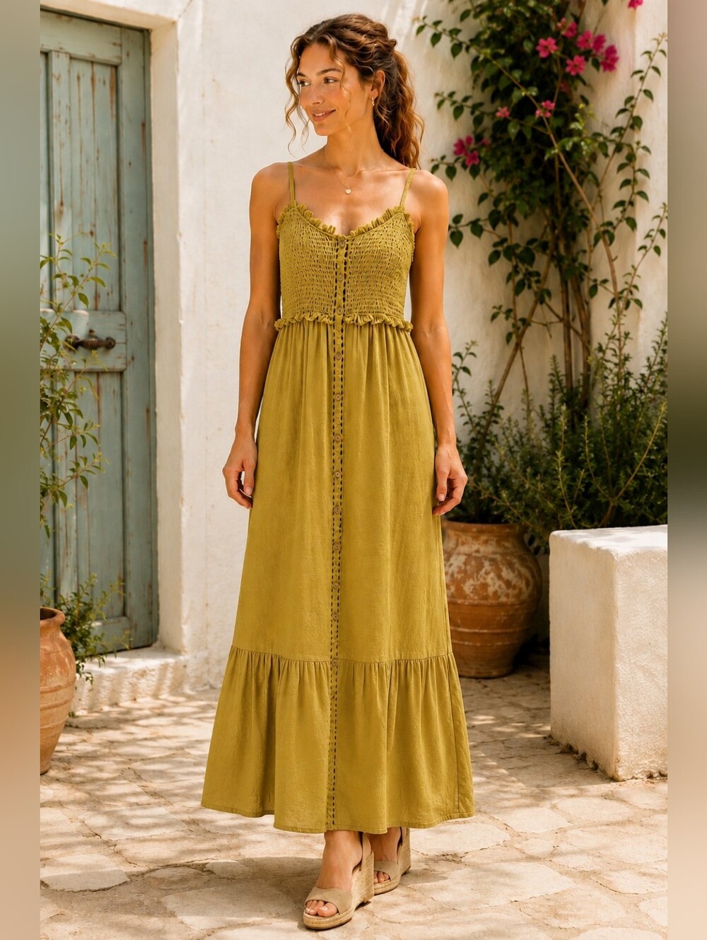 Easel Smocked Gauze Maxi Dress Medium Boho Cottagecore Resort Romantic Chic